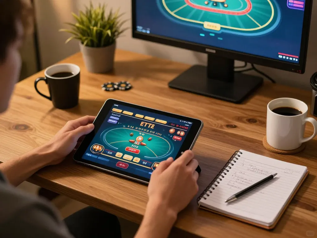 Engaging gameplay on the 4444WIN plataforma with user analyzing strategies on a tablet, captured in a cozy home setting.