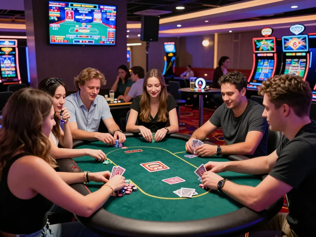 Friends enjoying a thrilling poker game at MM88 casino, vibrant atmosphere with neon lights.