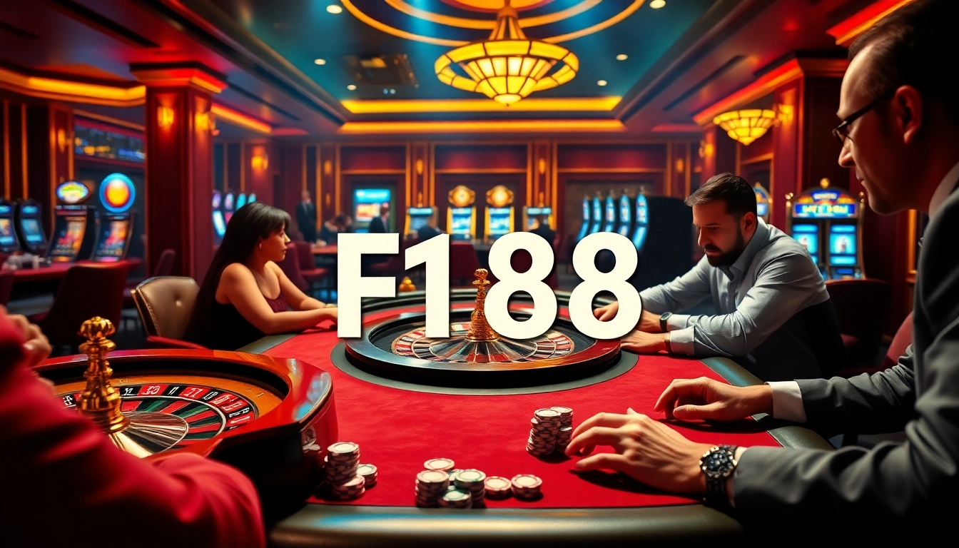 Players enjoying an exciting gaming experience at F168 casino with poker chips and vibrant slot machines.