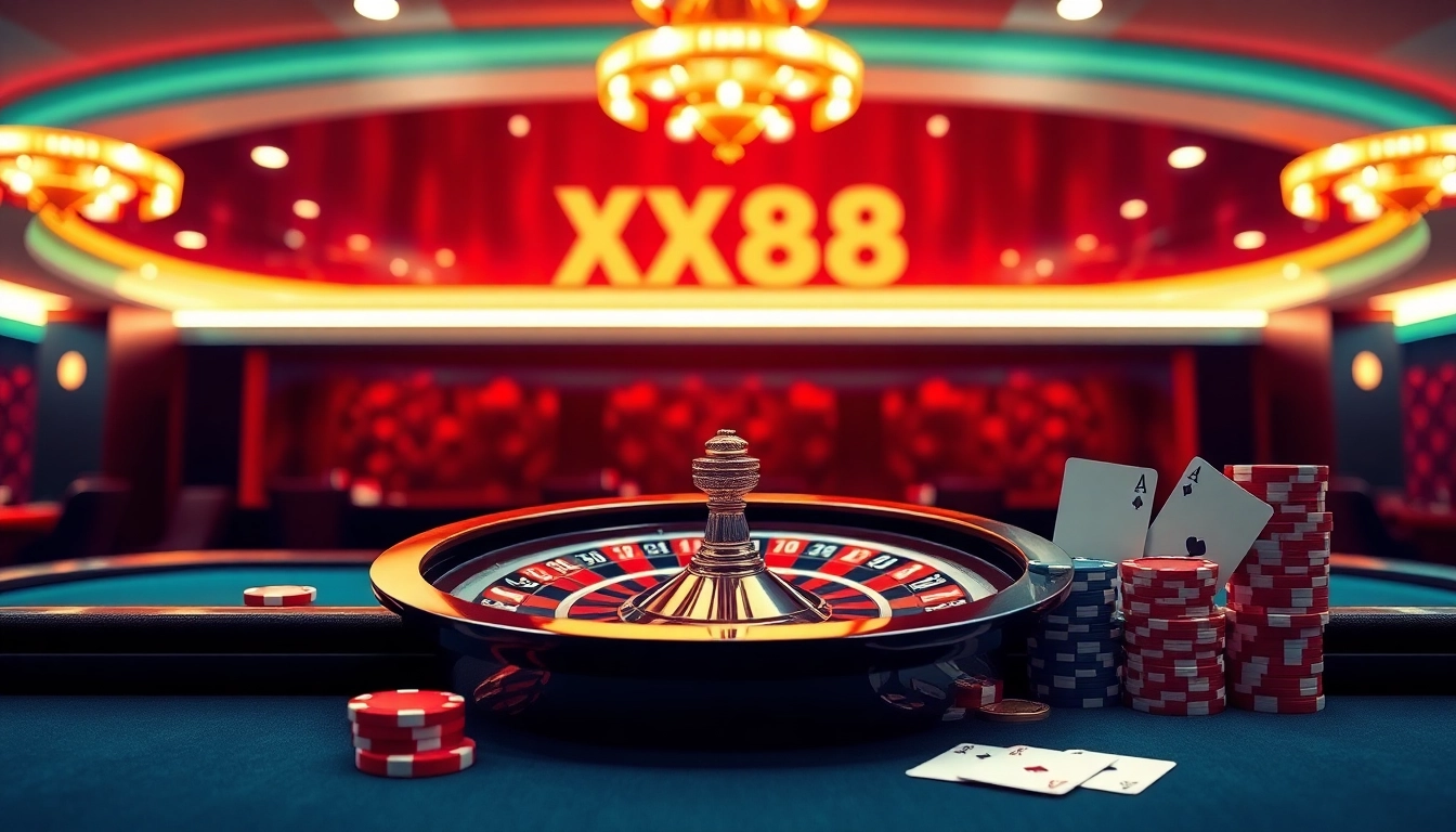Exciting gaming scene showcasing nhà cái XX88 with poker chips, roulette wheel, and players enjoying their time.