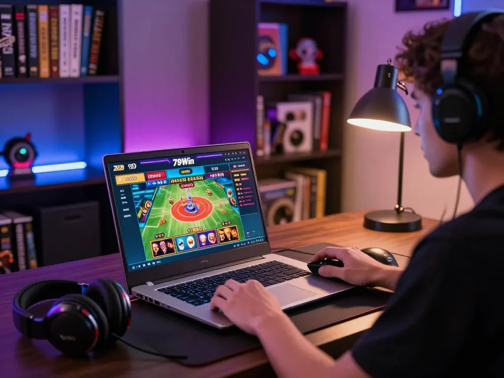 Engaged user exploring the 789Win online gaming platform with vibrant graphics and gaming accessories.