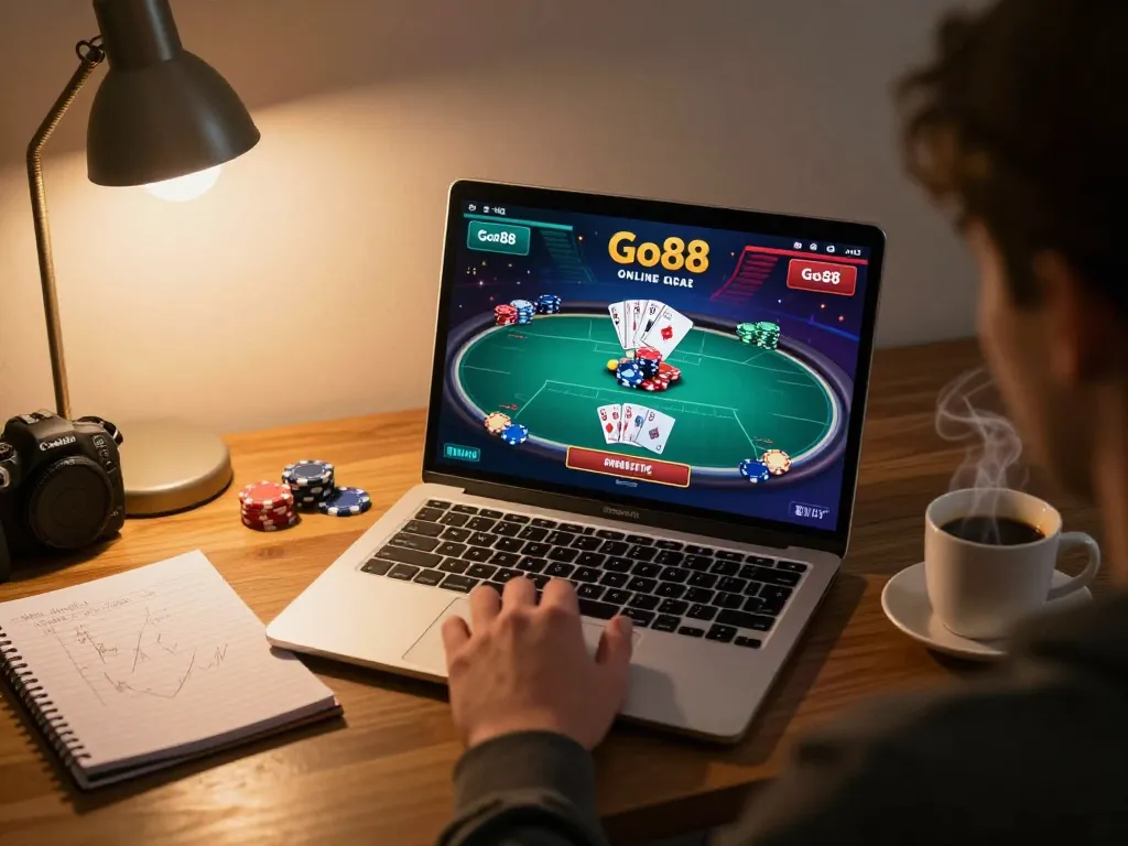 Engaging in Go88 online casino poker gameplay at home, highlighting strategic focus and cozy atmosphere.