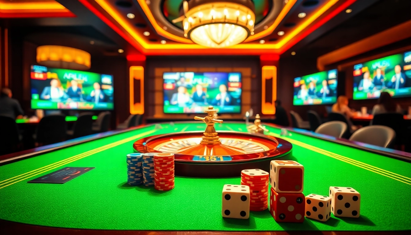 RR88 casino scene featuring vibrant poker chips and a roulette wheel in an upscale setting.