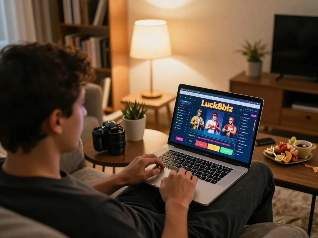 Engaging in an online gaming session on luck8biz casino platform with cozy home atmosphere