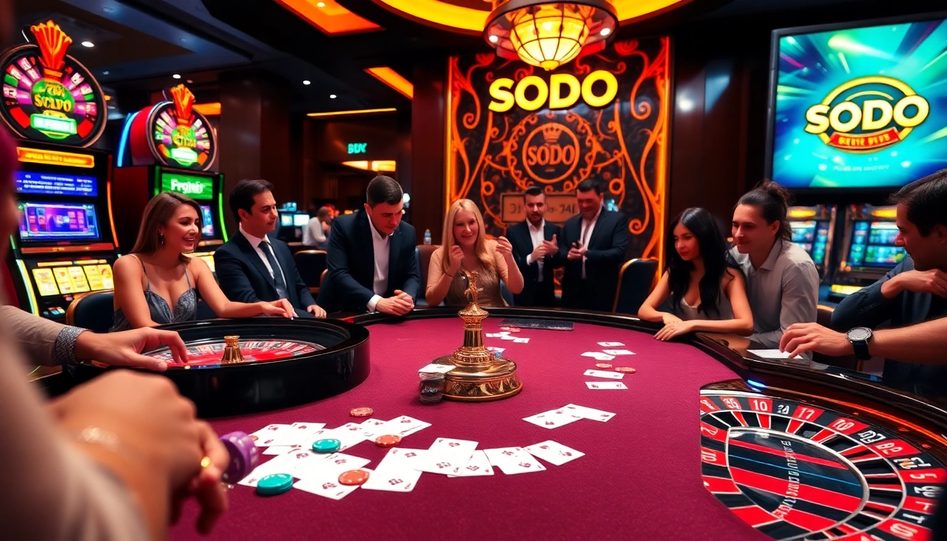 SODO Casino features an exciting roulette wheel and vibrant gambling tables with eager players.