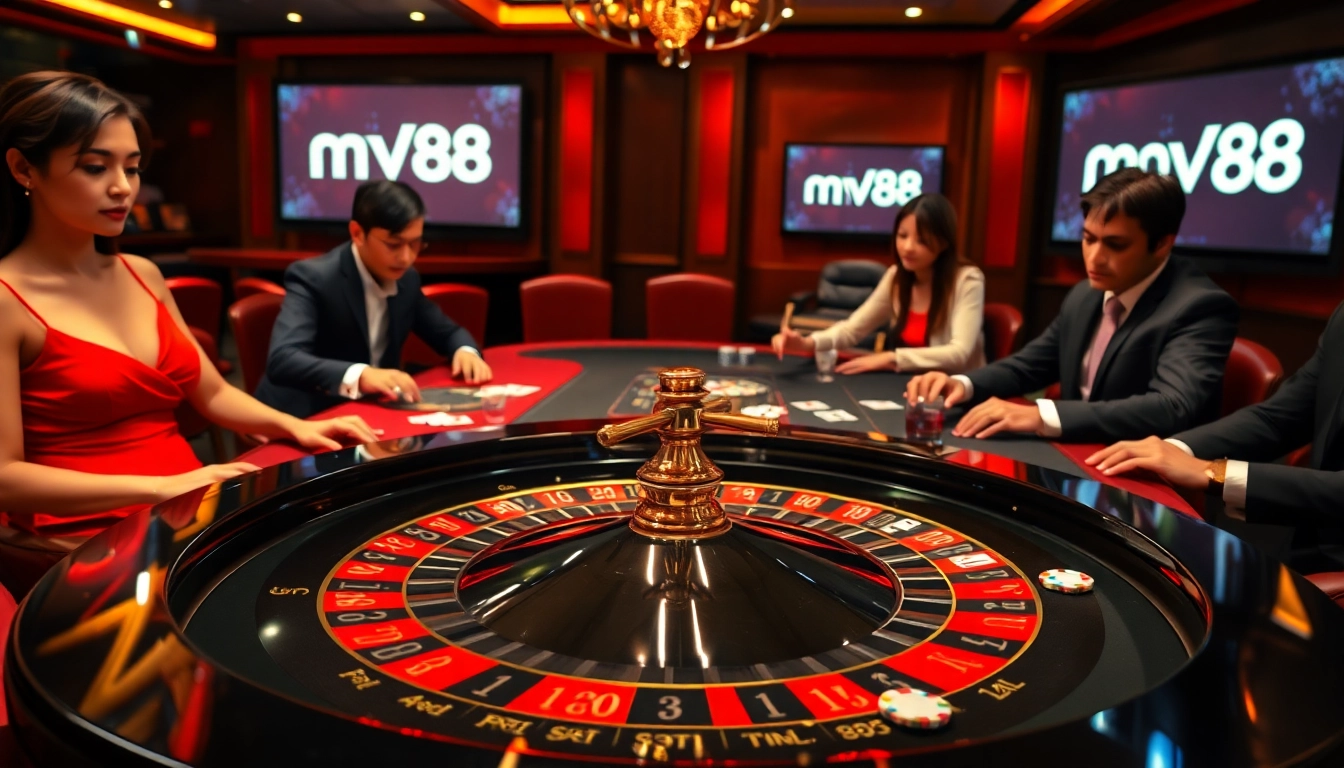 Players place bets at an elegant casino table, showcasing the thrilling atmosphere of mv88 gaming.