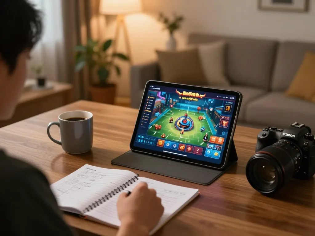 Engaging in Game bài đổi thưởng on a tablet, focused on strategies, cozy atmosphere enhancing gaming experience