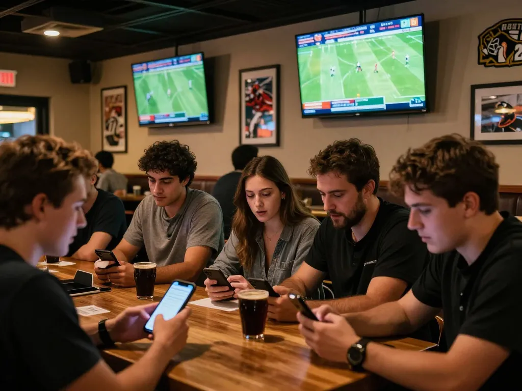 Bongdalu users actively placing bets and enjoying live football matches at a vibrant sports bar.