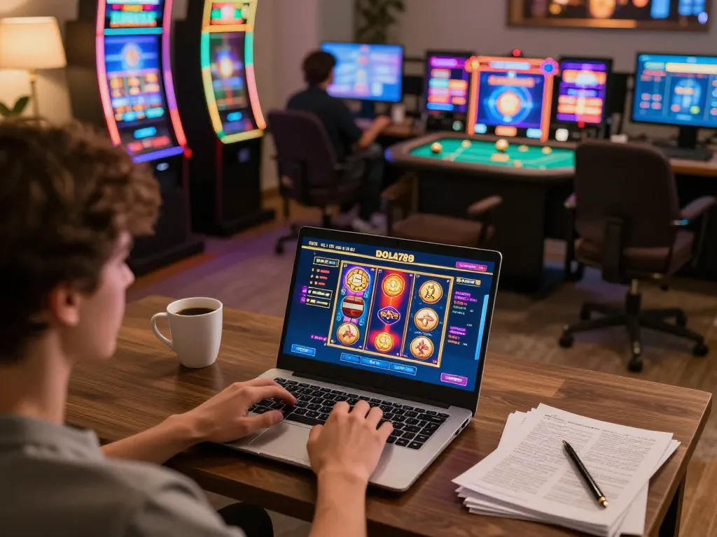 DOLA789 online casino gaming session featuring colorful slot machines and strategic gameplay notes.
