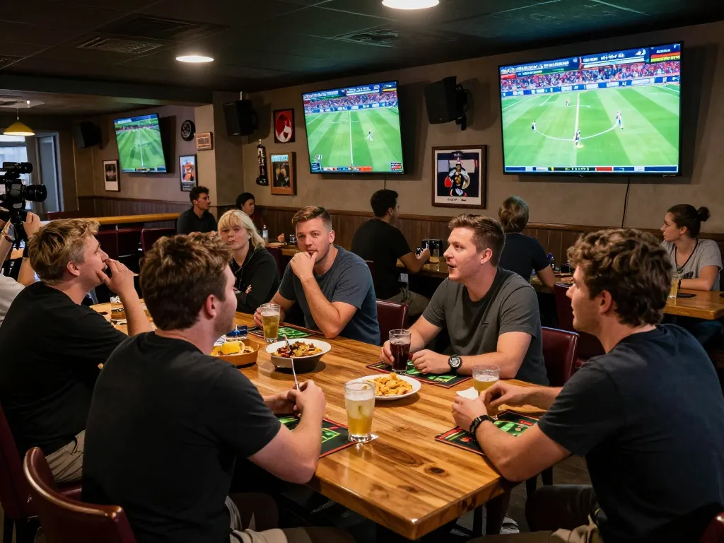 Football results displayed on screens while friends enjoy betting at a lively sports bar.