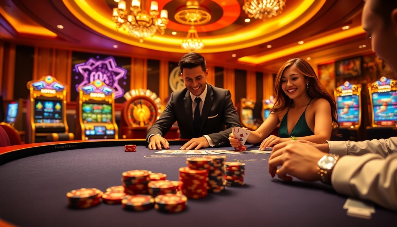 Players enjoying a thrilling game night at vip88.games, featuring vibrant casino tables and slot machines.