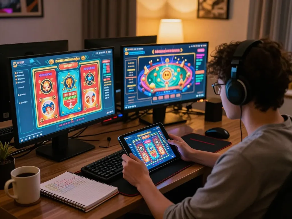 Engaging online gaming moment with 68gamebaivn displayed on tablet screen in a cozy home setting