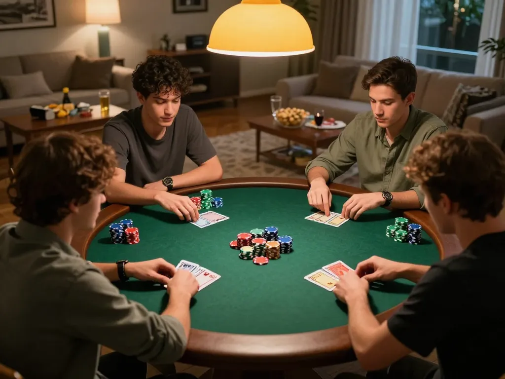 Friends enjoying a poker game at home, showcasing strategic play and camaraderie in this km777 gaming scene.