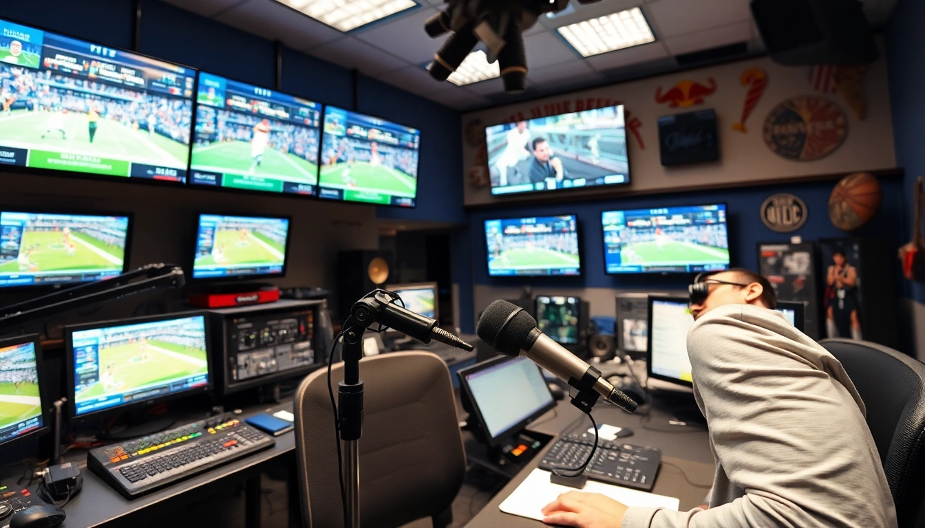 Engaging host in dynamic sports broadcasting studio showcasing live games.