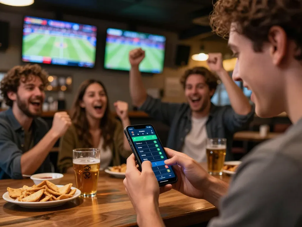 A person engaged in live sports betting at a bar using the 78wingo app, surrounded by friends in an exciting atmosphere.