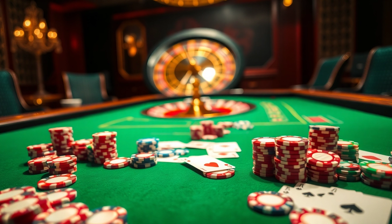 Experience the thrill of betting at OKFUN with vibrant poker chips and a roulette wheel.