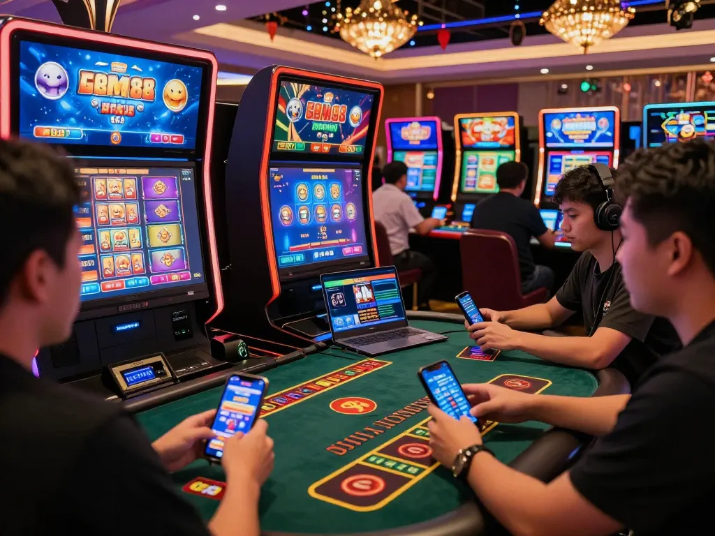 Players enjoying gem88 online casino games on various devices, capturing the excitement of digital gambling entertainment.
