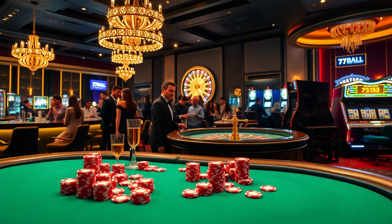 Experience the thrill of winning at 77BALL with casino games and vibrant gambling visuals.