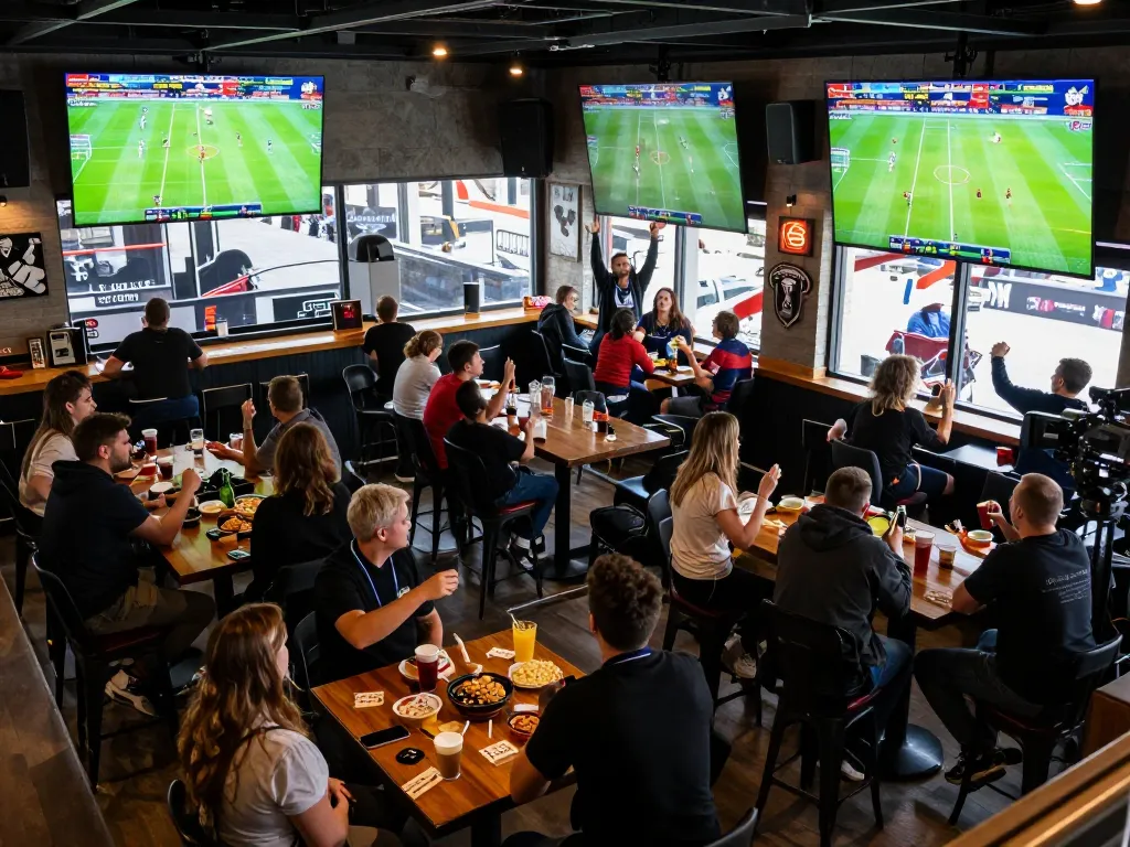 Fans celebrating kết quả bóng đá during a thrilling match in an exciting sports bar environment