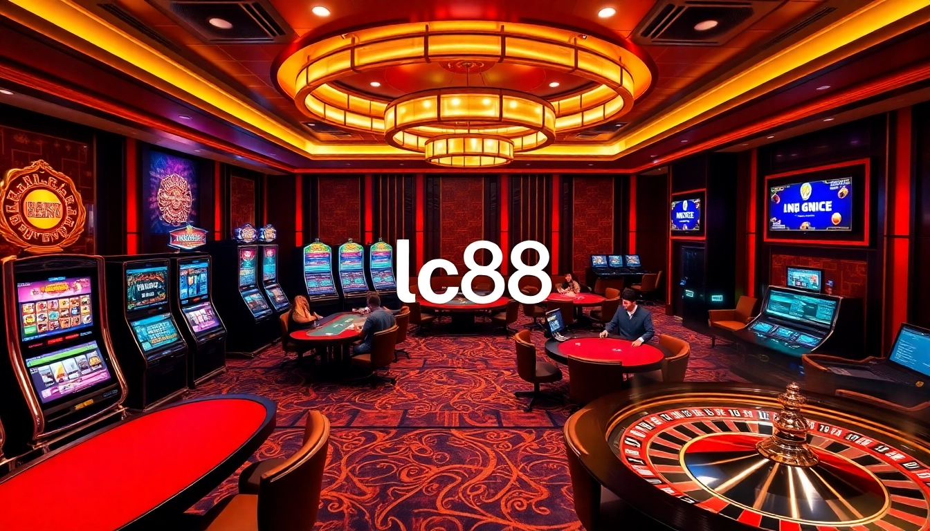 Experience the thrill of lc88 gaming with vibrant slot machines and excited players in a luxurious casino.