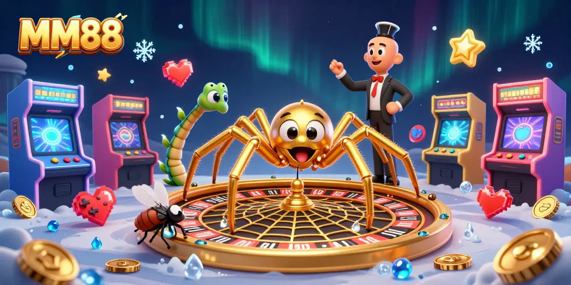 Experience thrilling bets with MM88's unique casino web spun by a golden spider and vibrant gaming elements.