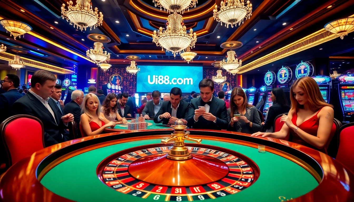 Players enjoy thrilling games at uu88 com, showcasing vibrant casino tables and excitement.