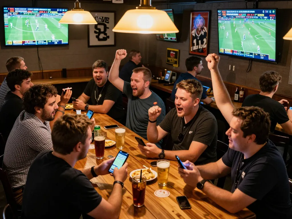 Patrons at a sports bar passionately placing bets on 888new using smartphones during live games.