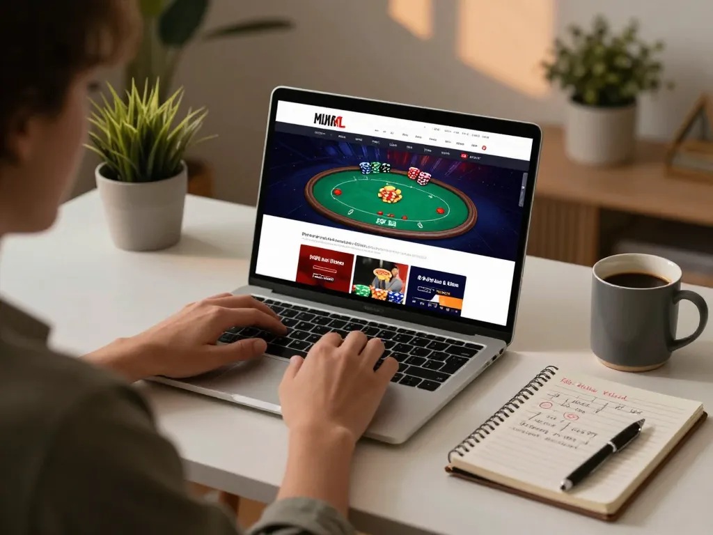 Play poker online at CM88 using a laptop in a stylish home setting, highlighting responsible gameplay.