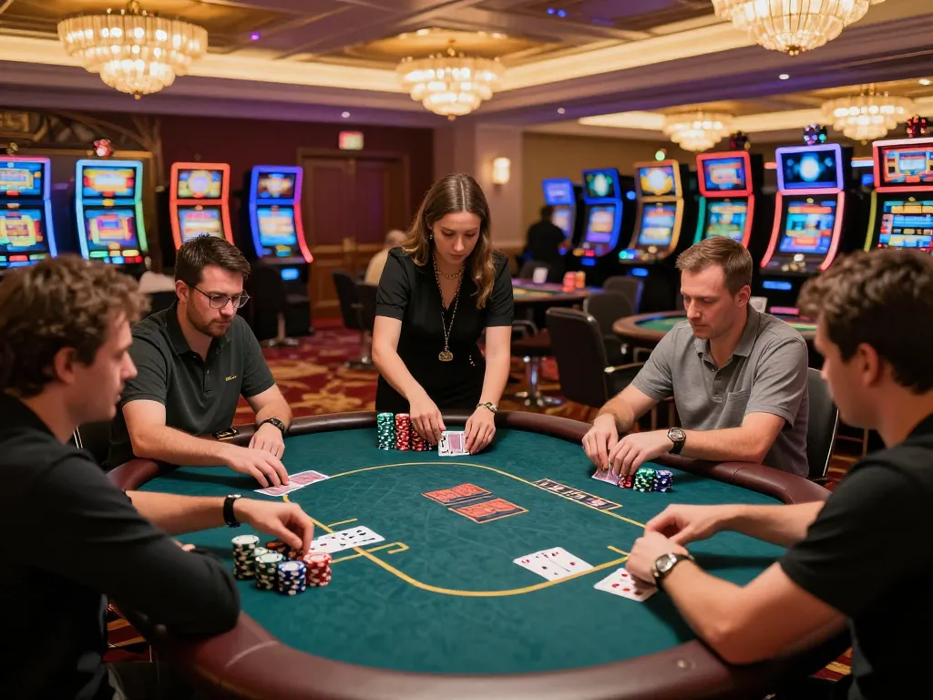 Players engaged in an intense poker game at a vibrant casino floor, showcasing fly888 excitement and strategic gameplay.