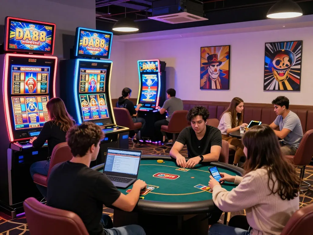 Engaging scene showcasing nhà cái DA88 in a modern digital casino with players enjoying various games and vibrant lighting.