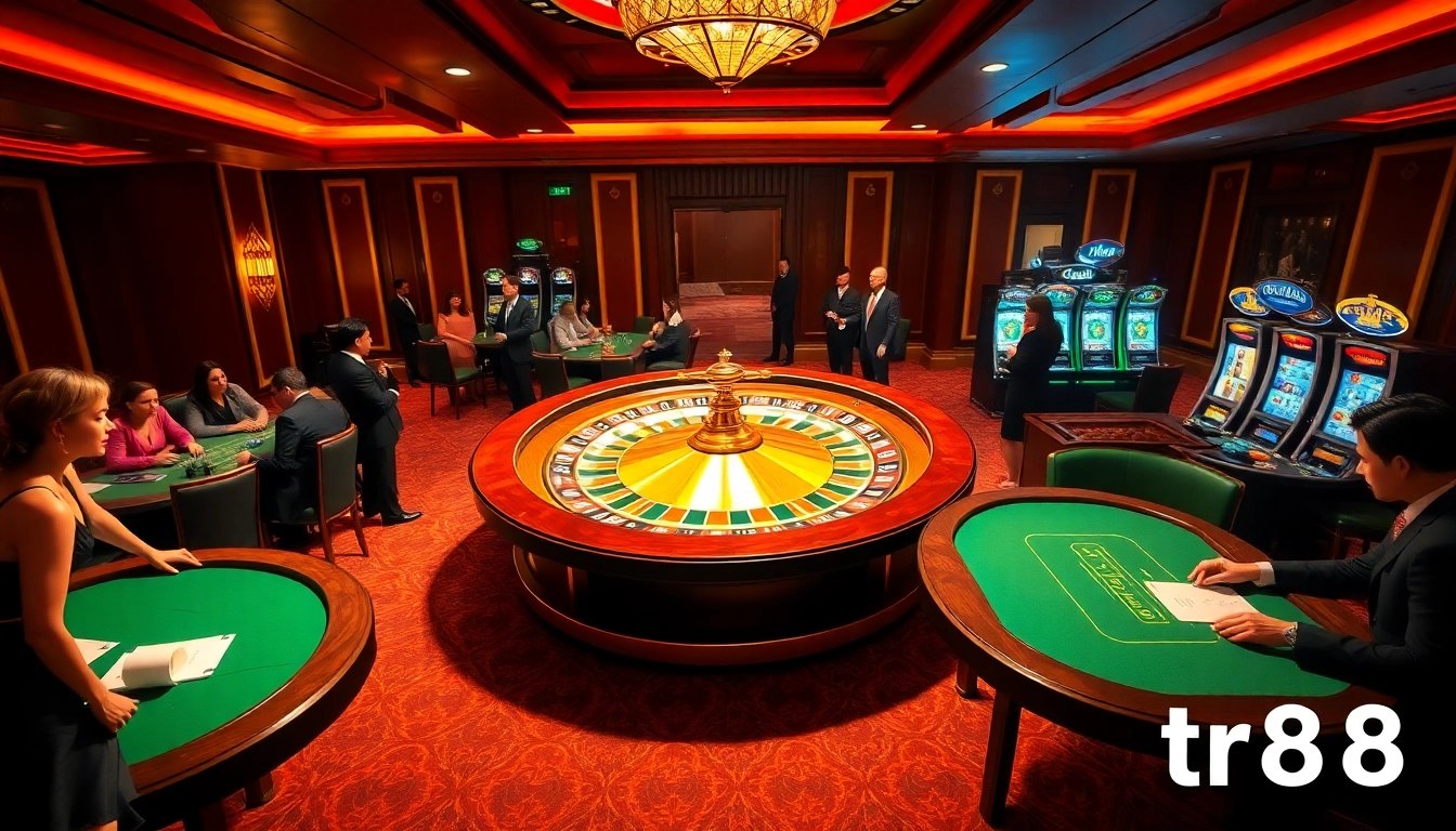 Experience the thrilling atmosphere of TR88 Casino with players enjoying poker and roulette.