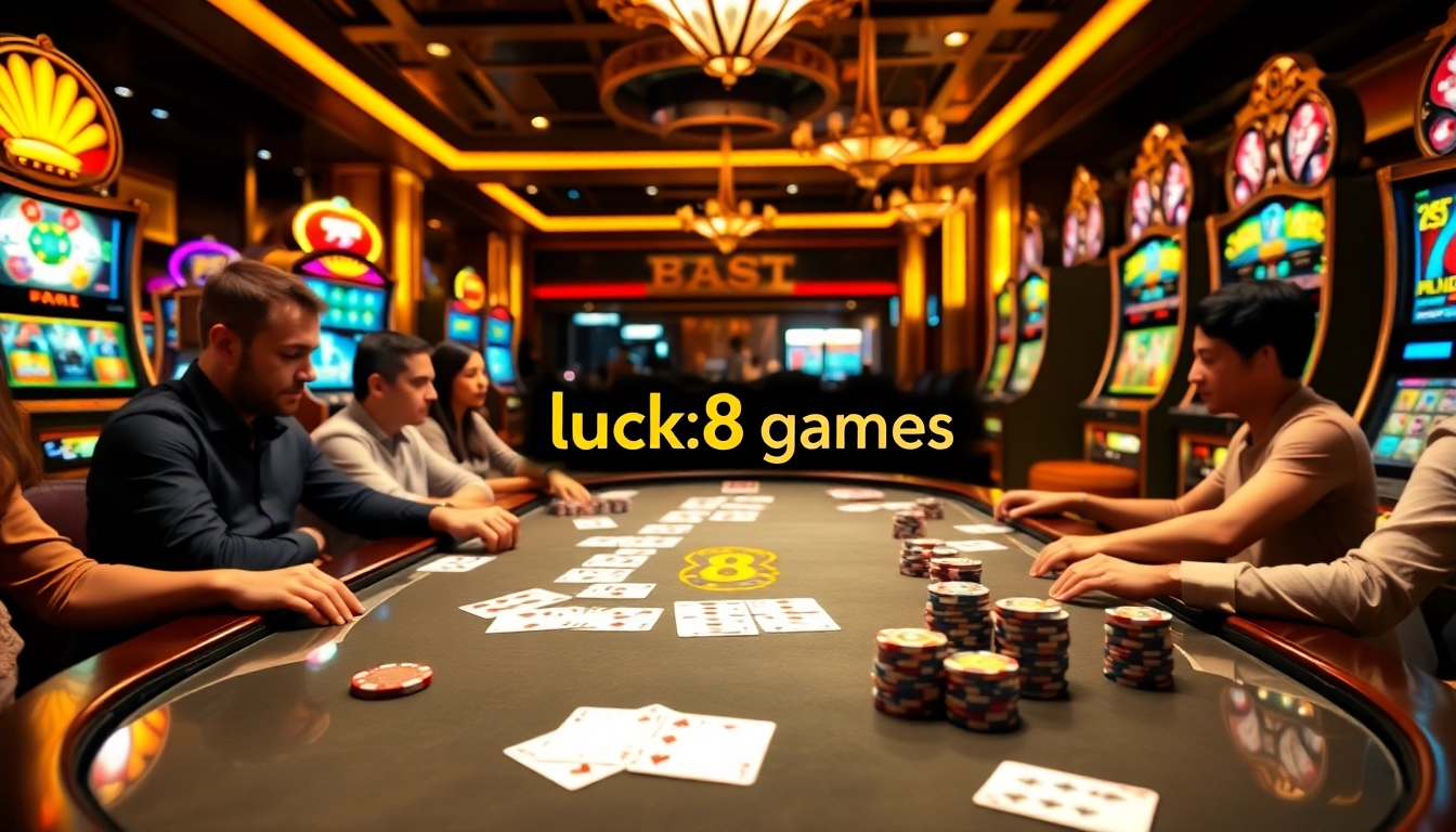 Experience excitement with luck8 games at a high-stakes poker table surrounded by vibrant slot machines.