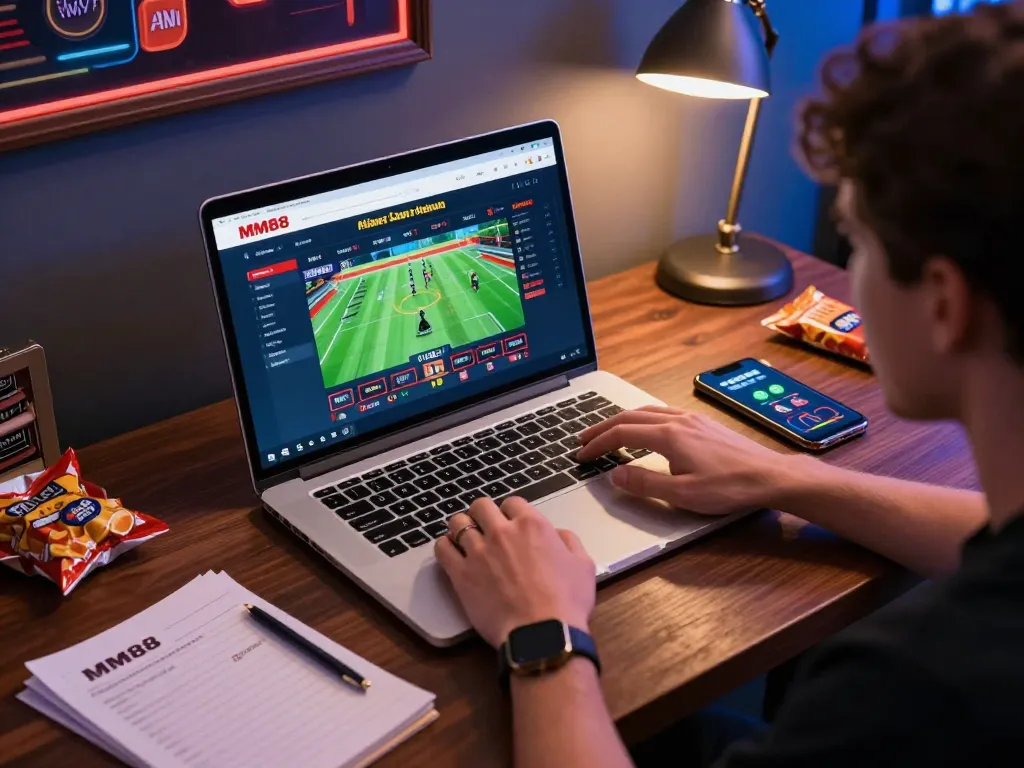 Engaged user placing bets on MM88's online gambling platform using a laptop with strategy notes.