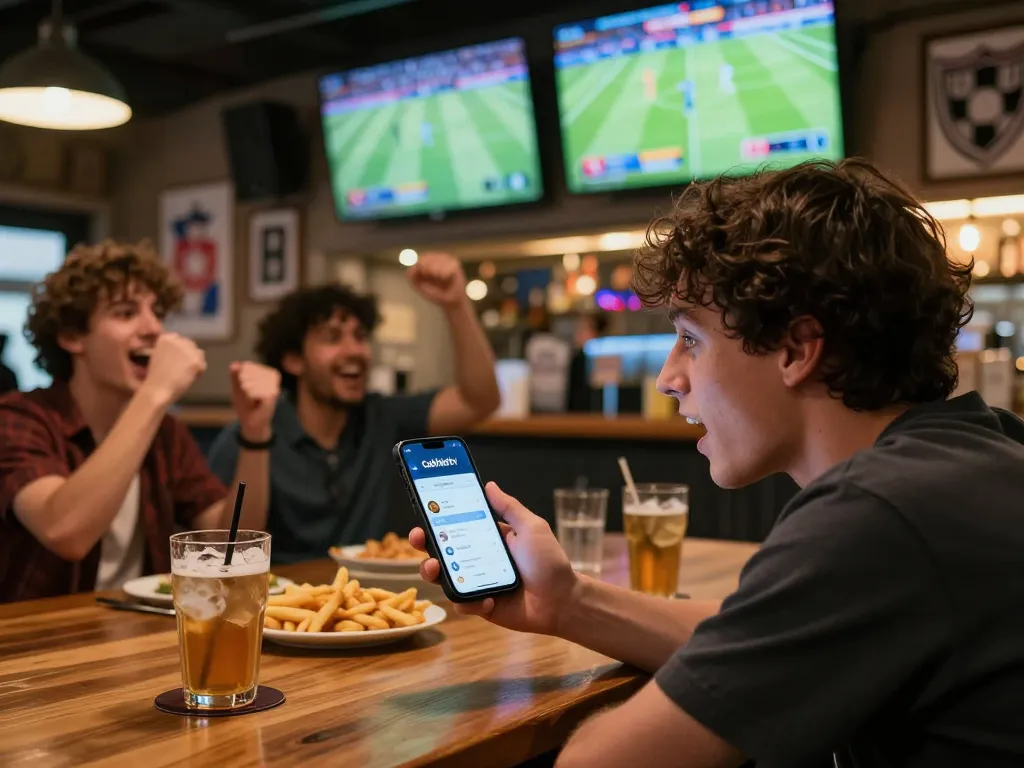 Exciting moment using the cakhiatv betting app in a sports bar while watching live football.