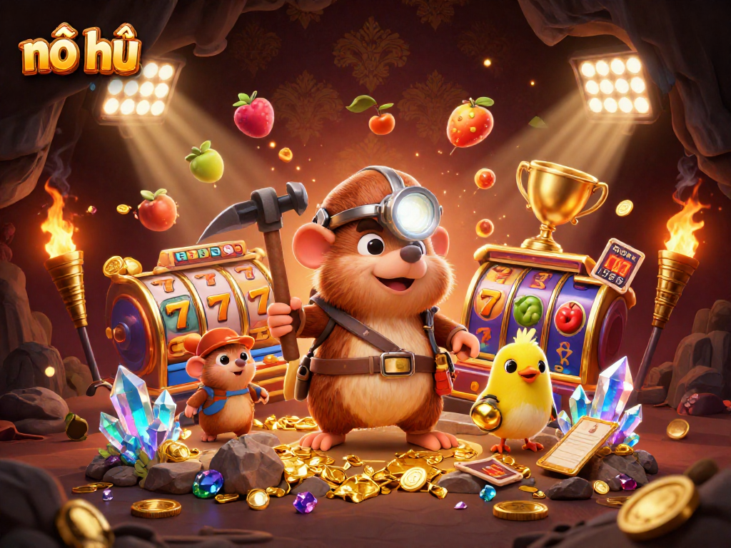 Spin slots with nổ hũ treasures in a vibrant casino scene featuring mining characters.