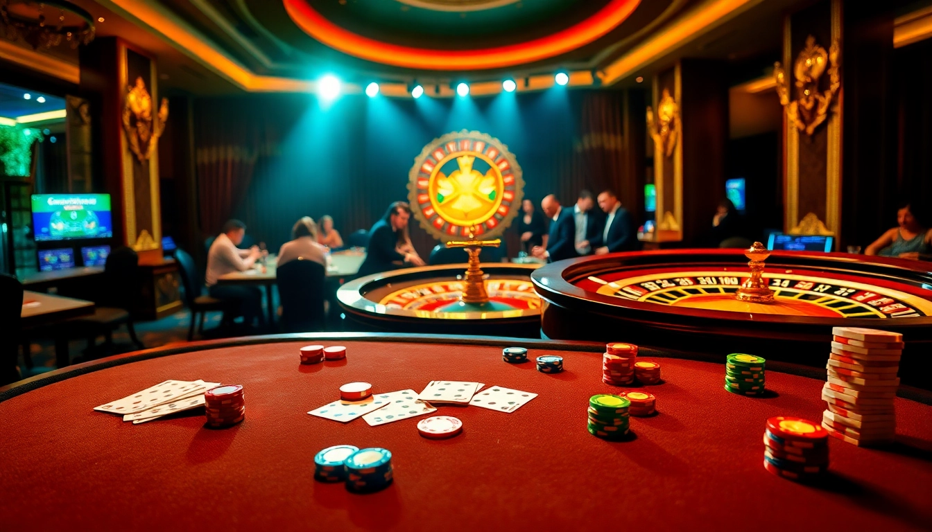 Engaging scene of players at QQ88 poker table with vibrant chips and cards, highlighting casino excitement.