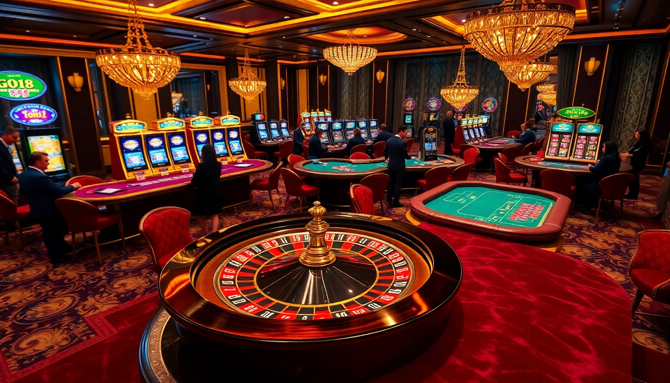Go8 casino scene with roulette wheel, elegant tables, and vibrant slot machines.