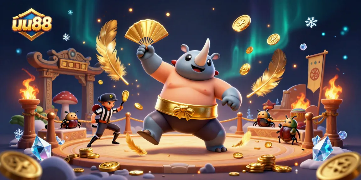 uu88 showcases an electrifying sumo championship with vibrant coins flying in an online casino scene.