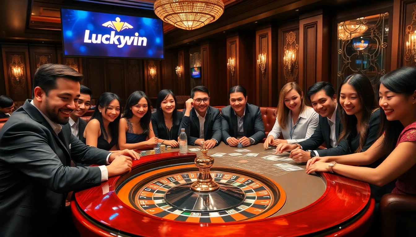 Luckywin showcases an exciting poker scene with vibrant chips and professional players at the table.