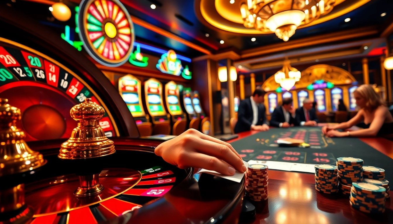 Players enjoying a "luck 8" themed casino with vibrant roulette wheels and rich decor during an exhilarating game night.