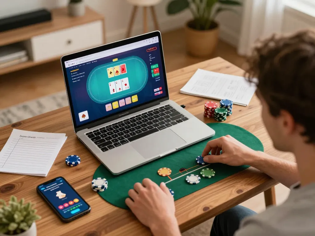 Engaged player at home using sunwintop site for online poker, showcasing vibrant game interface and cozy setting.