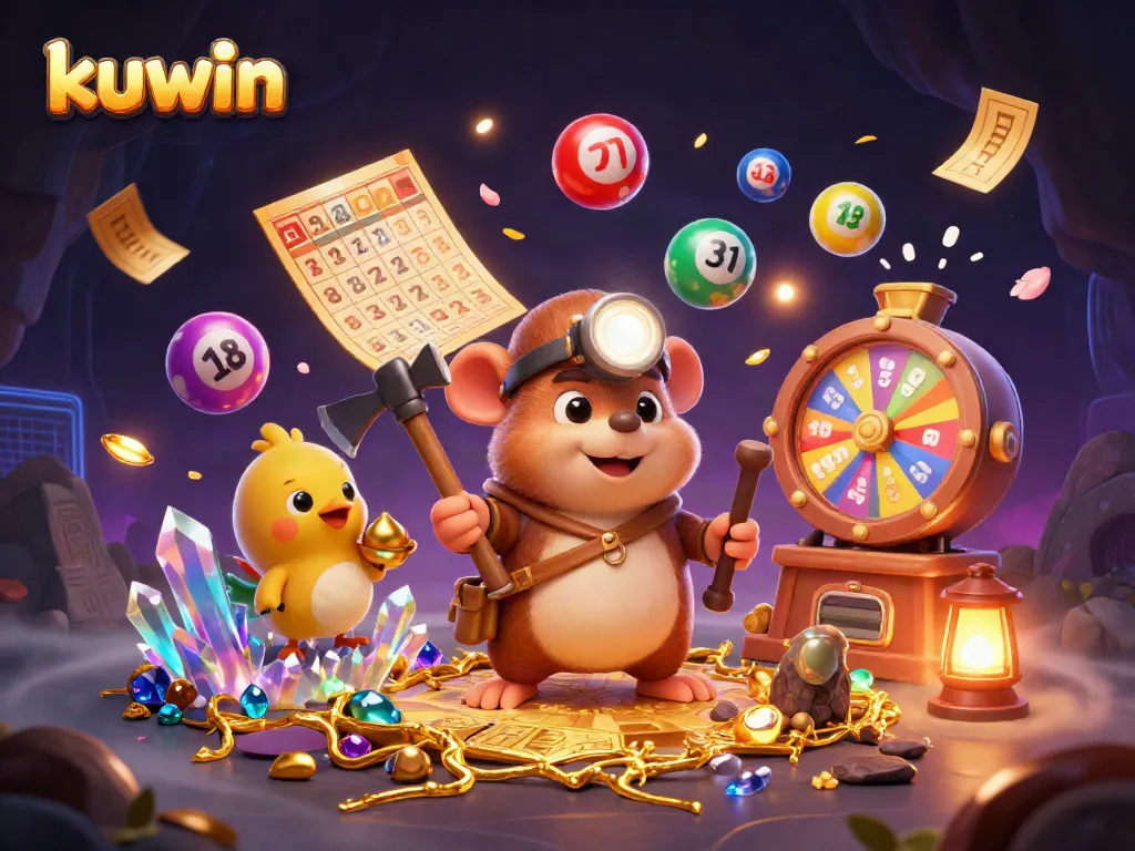 Kuwin showcases a vibrant casino scene with a treasure hunter mole and a canary amidst glittering game elements.