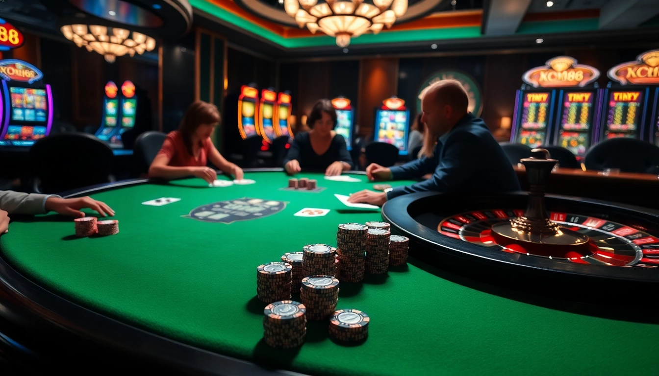 Engage with the thrilling atmosphere of XX88 casino, showcasing poker chips, roulette, and excitement.