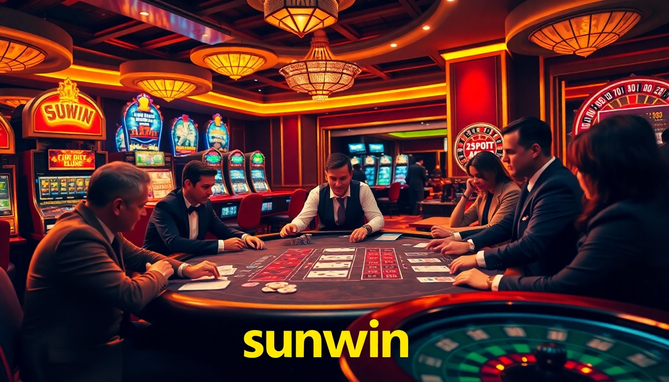 Sunwin captures the excitement of a high-stakes casino with vibrant poker and roulette action.