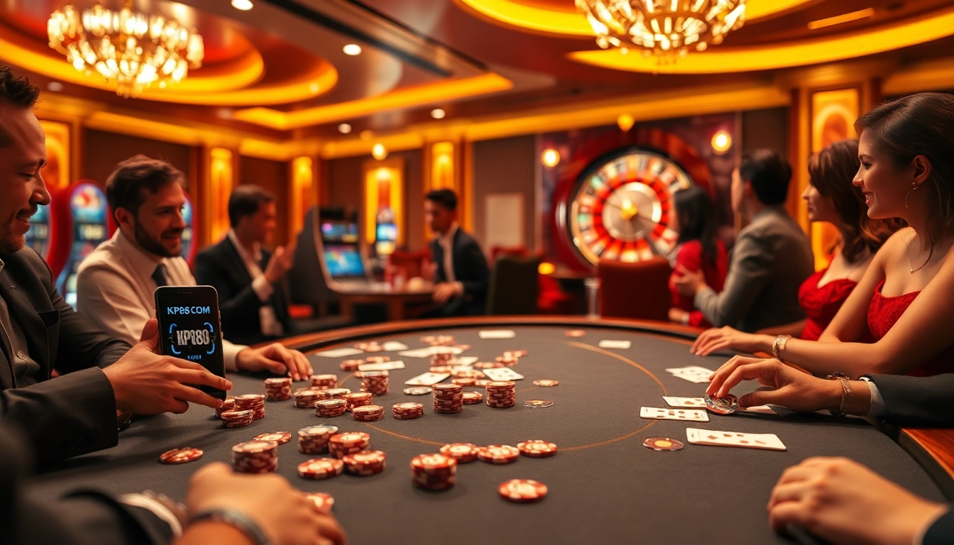 Engaging casino scene showcasing KP88 COM with poker chips, cards, and roulette wheel.
