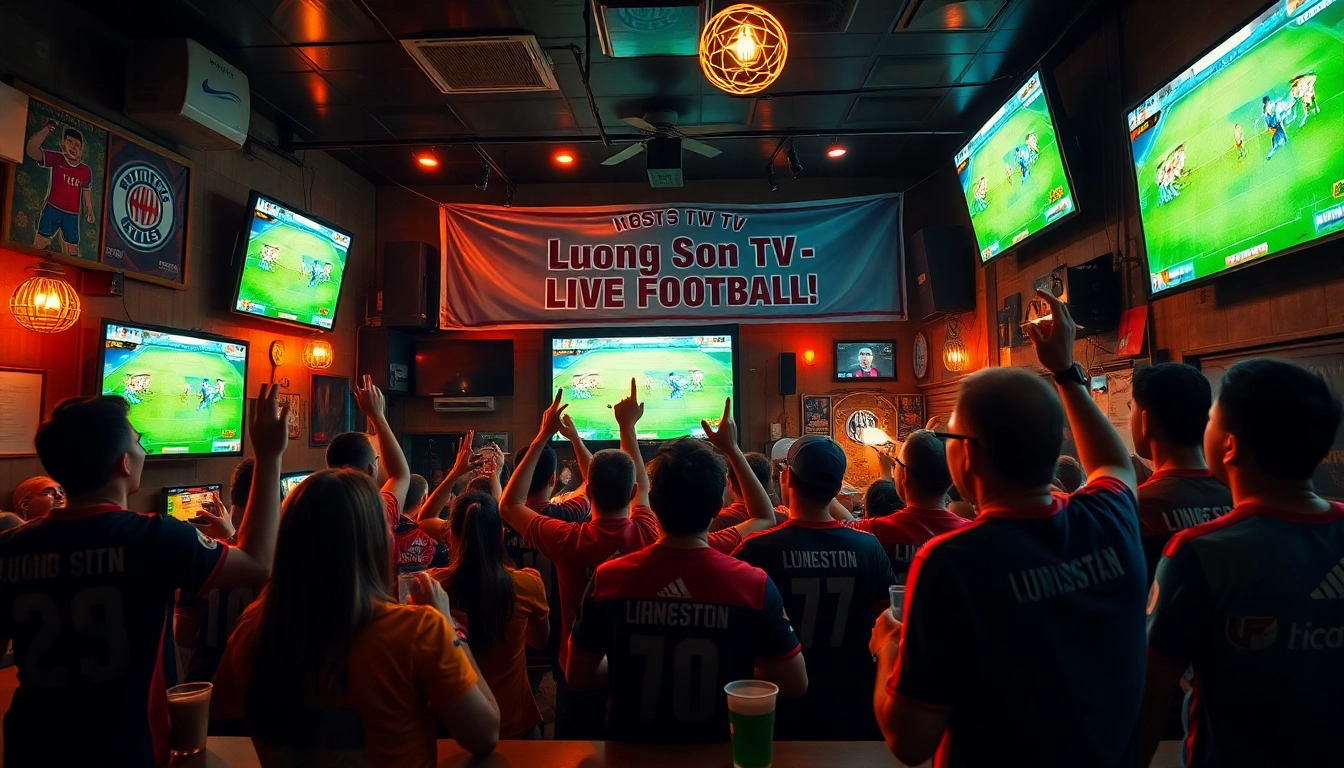 Fans enjoying live football on Luong Son TV at a vibrant pub atmosphere.