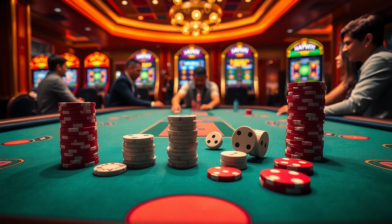 Experience thrilling gameplay at Haywin with vibrant poker chips and slot machines.