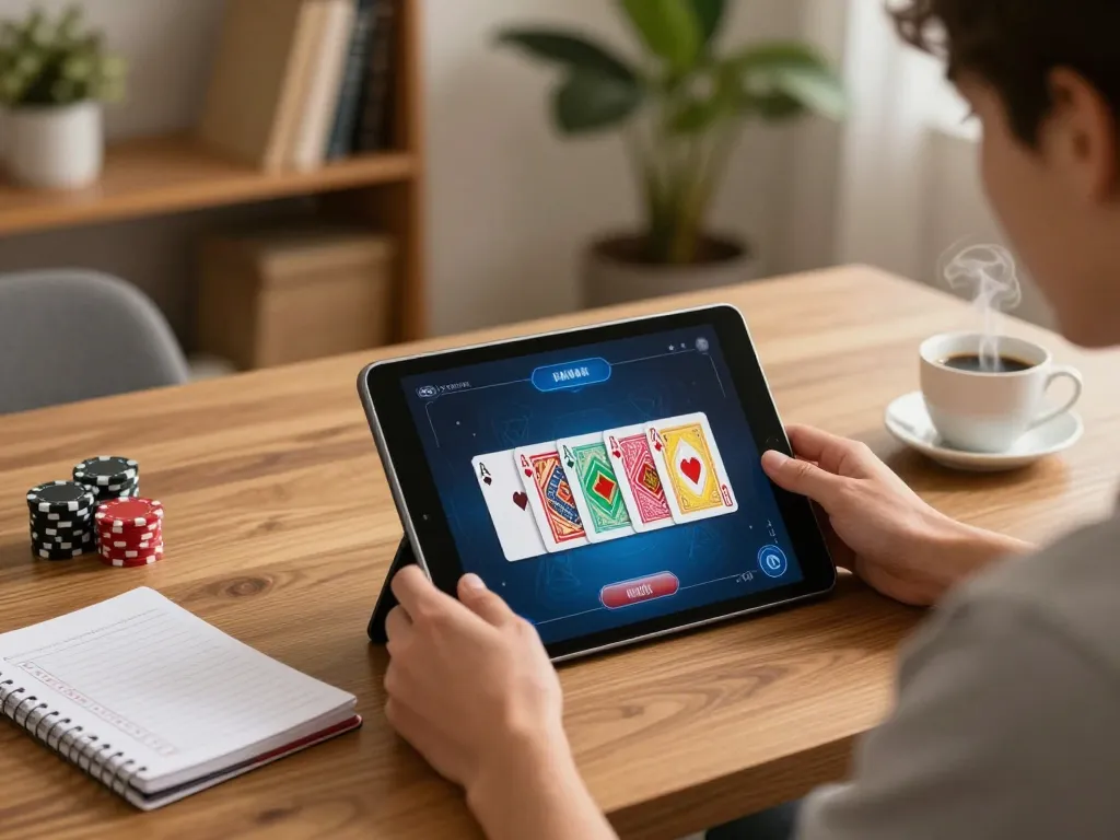 Player strategizing poker online with Au88 on a tablet, cozy home setting highlighted.