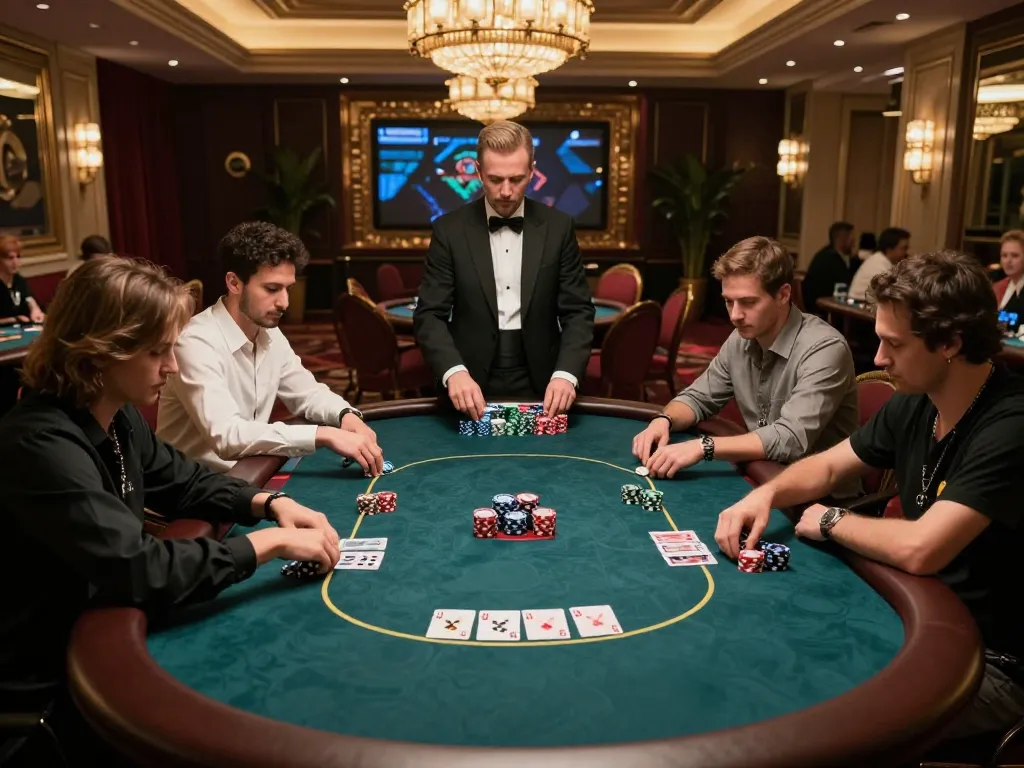 Engaged players at ALO8 VIP poker table during a high-stakes game, showcasing elite gambling atmosphere.