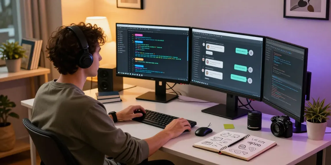 Developer creating a sex chat ai chatbot in a modern workspace, showcasing dual monitors with AI code and chat interfaces.